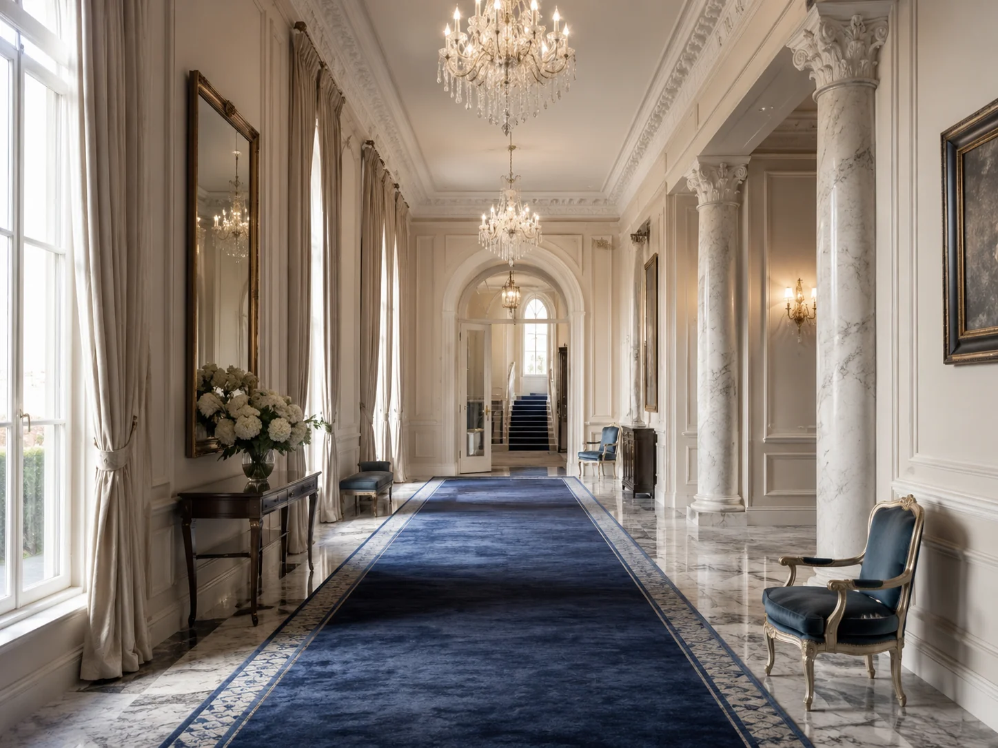 Albert Court interior with blue wool carpet, marble floor, long curtains and chandeliers