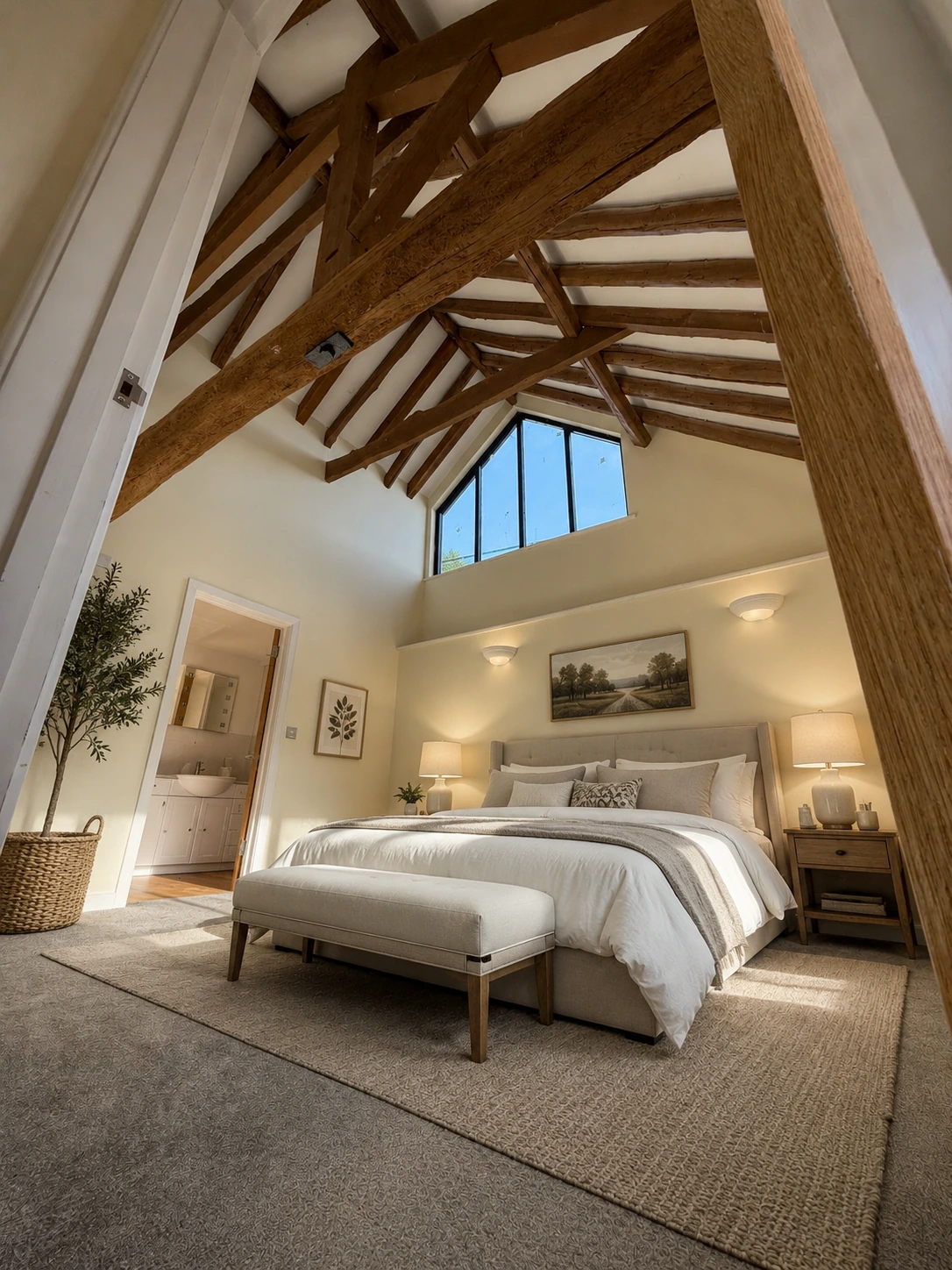 Barn bedroom with restored exposed timber beams, double bed and soft neutral interiors
