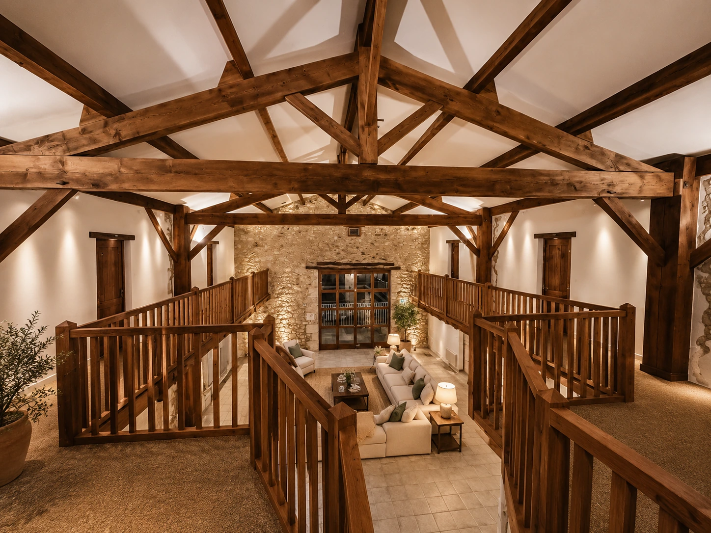 Finished barn hall interior with exposed timber trusses