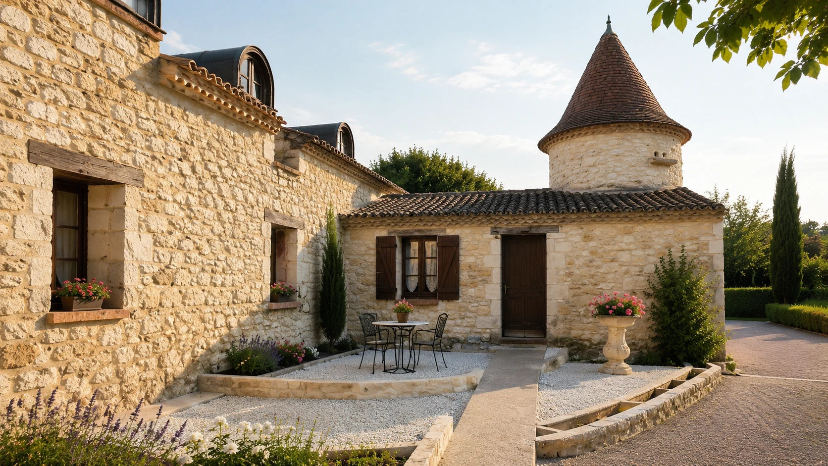 French stone farm courtyard with pigeonnier tower